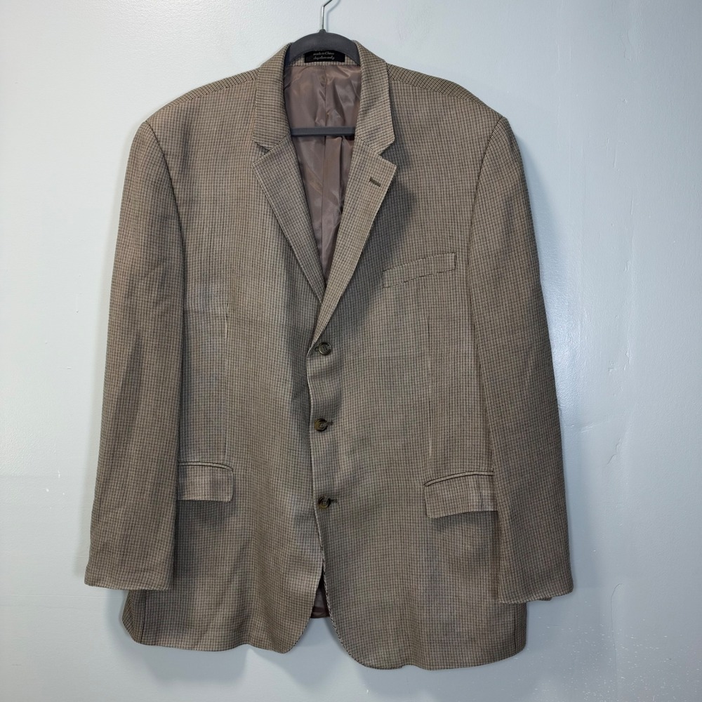 Gianfranco Ruffini VTG Mens 100% Silk Blazer Carver Model Brown Tan Plaid 48L
